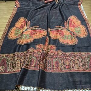 Pashmina Long Shawl Wrap Bohochic Black Orange Butterflies Approx 27X 70"